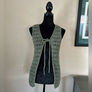 Handmade Vintage Crocheted Vest Sage Green Open Front Boho Layering Piece Small